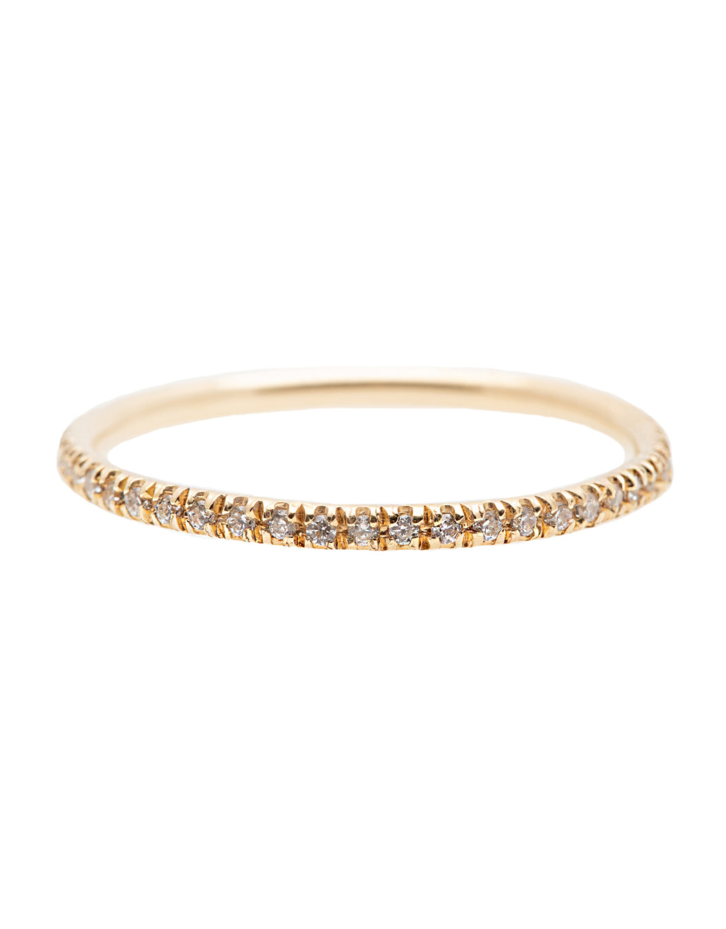 A dainty 14k yellow gold eternity ring, set with fifty 0.01 carat white diamonds all over.