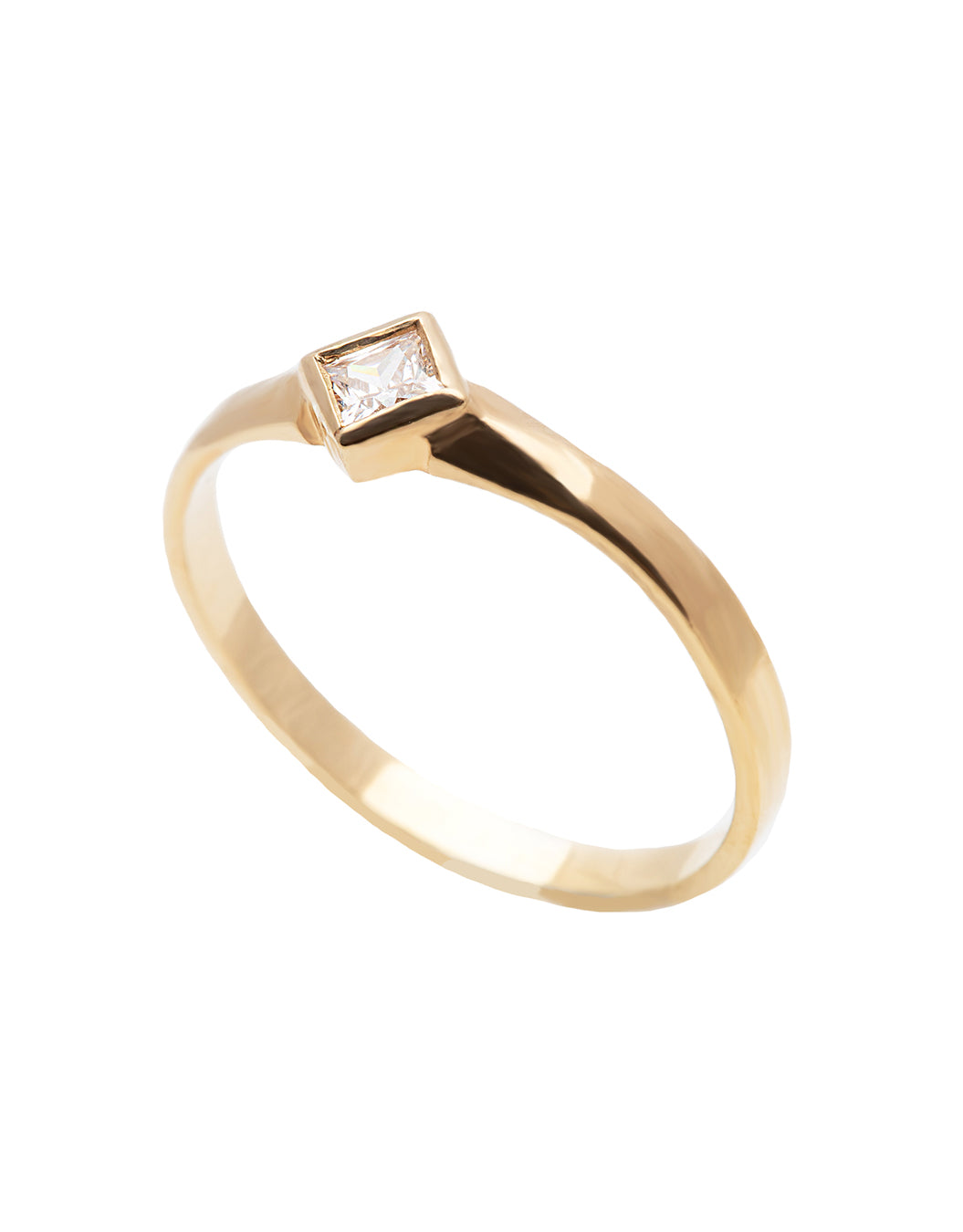 A delicate 14k yellow gold engagement ring set with a center 0.25 carat princess cut white diamond. 